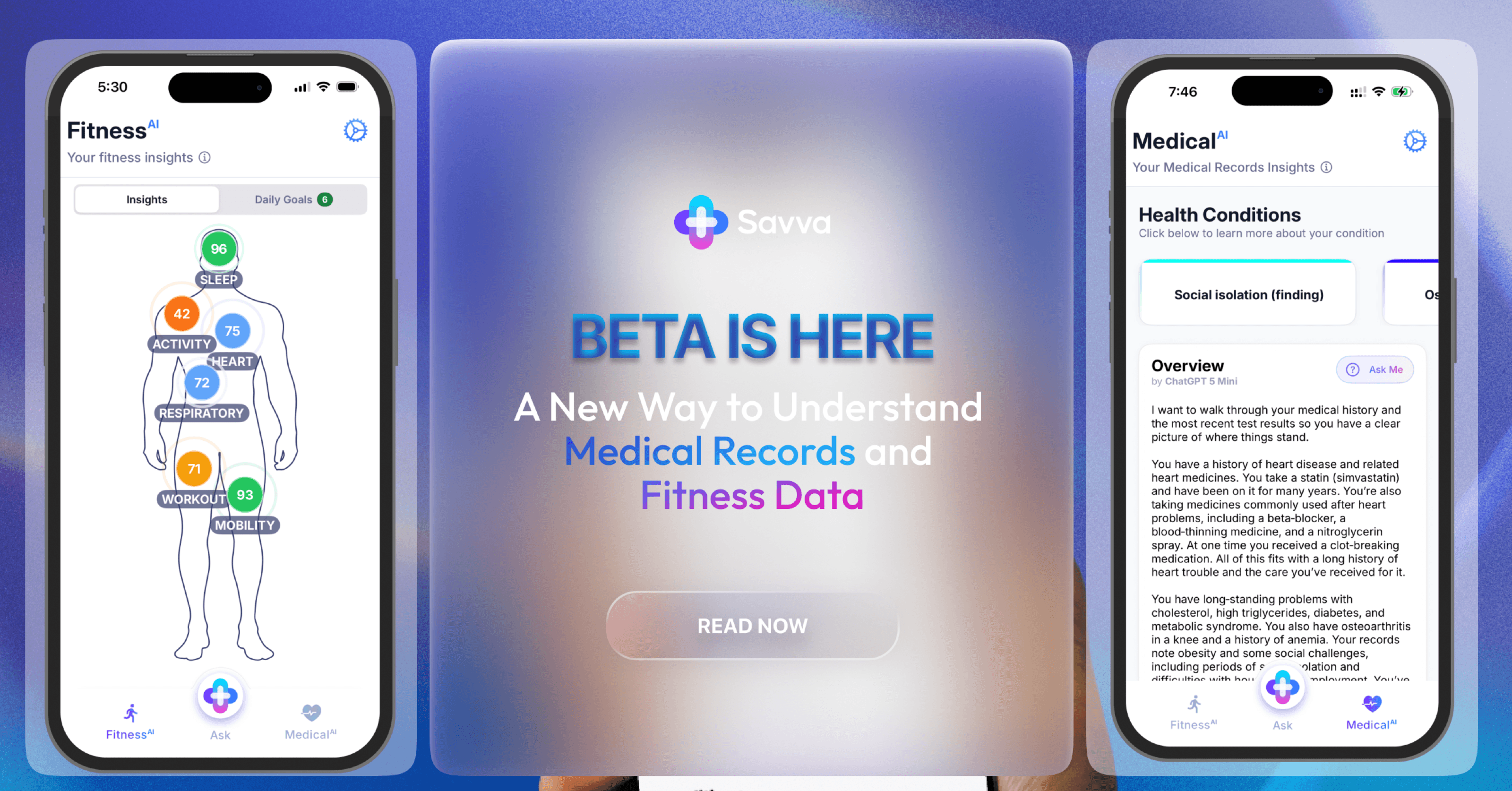 Savva beta launch banner for medical summaries and fitness insights
